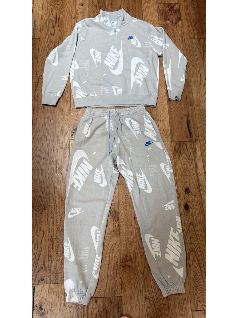 Nike Sportswear All Over Logo Tracksuit Set Gray Quarter Zip Men’s Medium